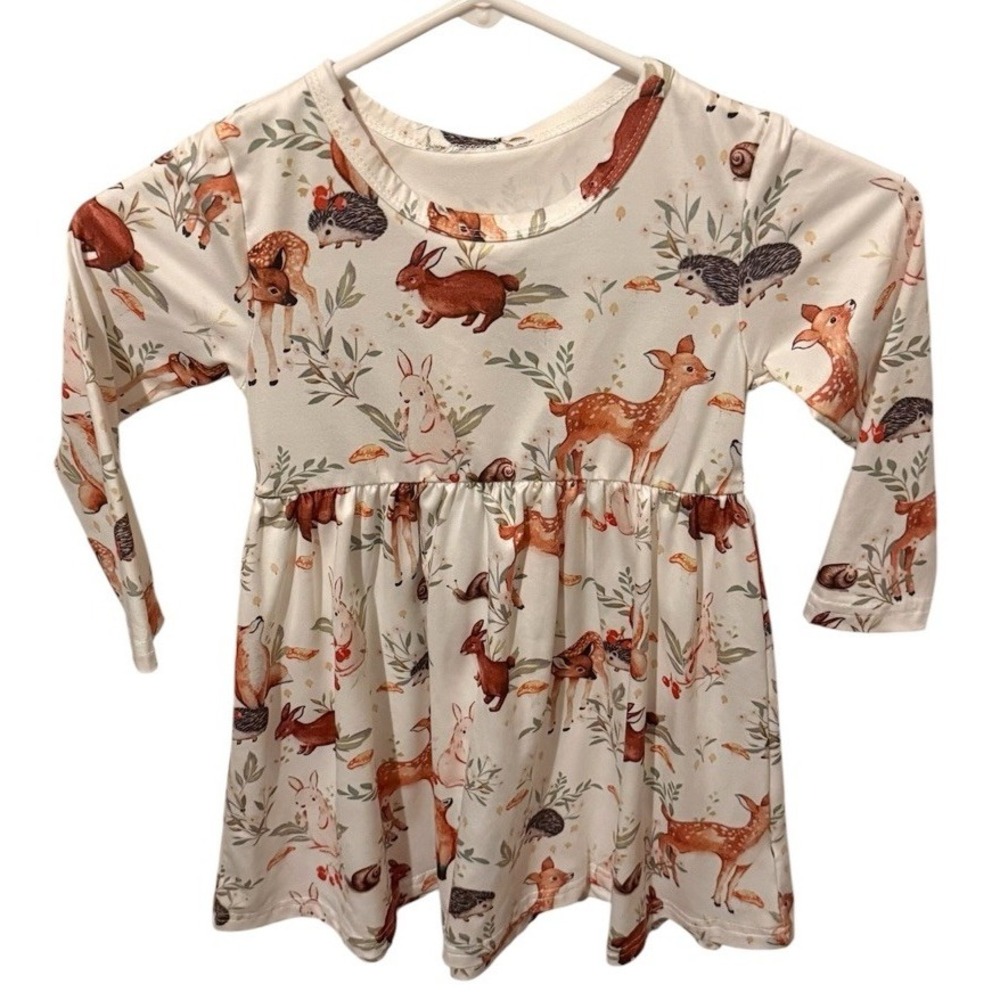 Boutique Dress Size 5 Forest Animals Long Sleeve White Tan New Without Tags